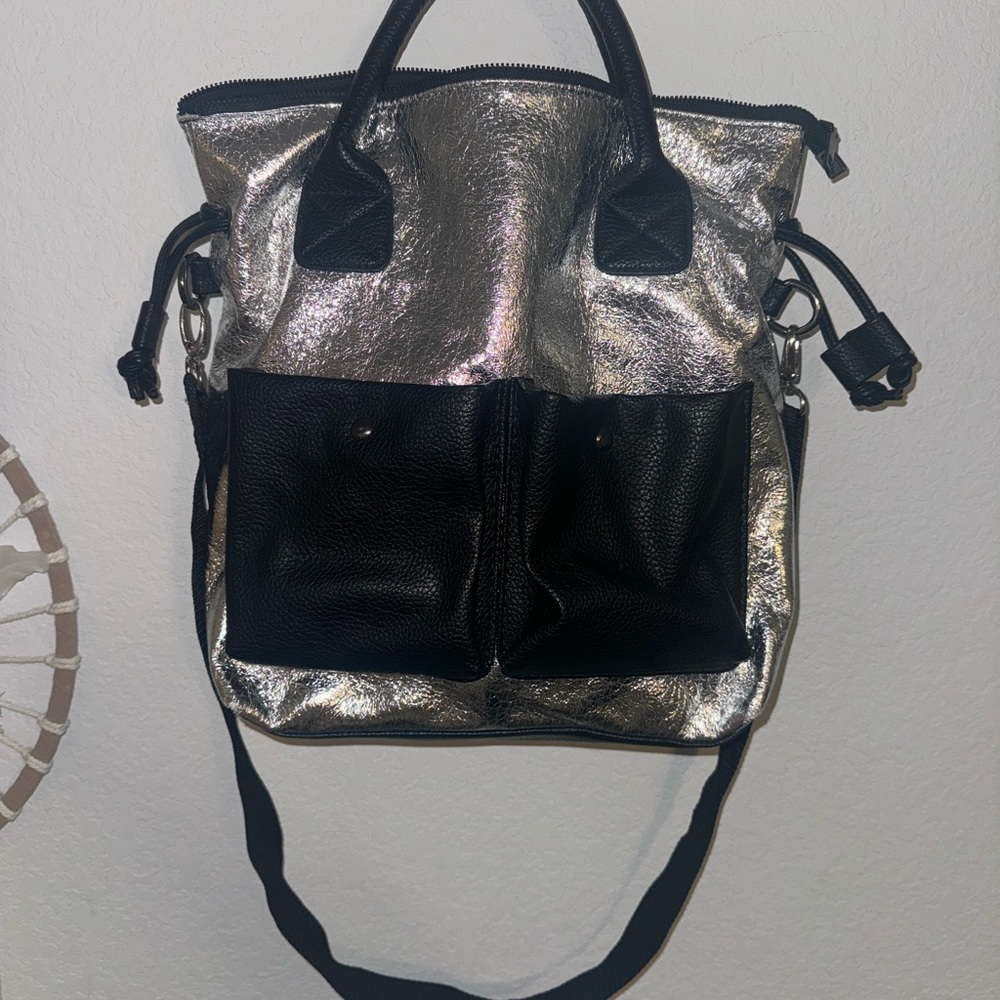 Silver and Black Tote Bag with Structured Design and Metallic Finish